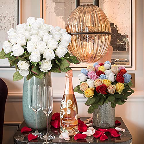 DILATATA Artificial Realistic Roses White Flowers 24" Real Touch Silk Roses Bouquet Long Stems Rose Fake Roses Decor for Home Party Wedding Table Centerpieces Roses Realistic - 5 Pcs - color: White