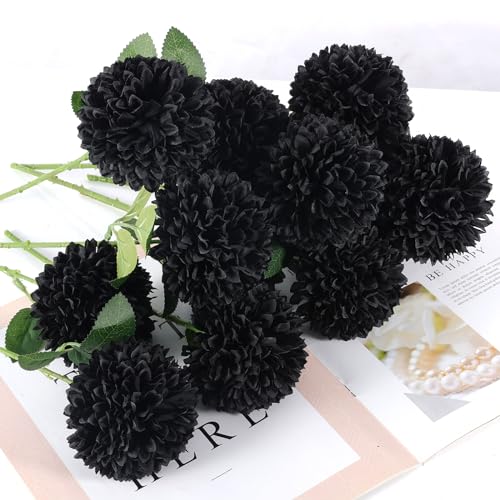 Hananona 12 Pcs Artificial Chrysanthemums Flowers Ball Flower, Fake Mums Flowers Black Silk Plants for Ghothic Home Decor Indoor Floral Arrangement Halloween Table Centerpiece (12, Black) - color: Black