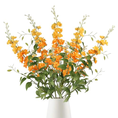 IPOPU 9Pcs Orange Artificial Delphinium Flowers Combo Clematis Greenery Stems, 33.5" Long Stem Larkspur for Wedding Centerpieces, Bridal Bouquet, Home Party Table Decor (Orange) - color: Orange