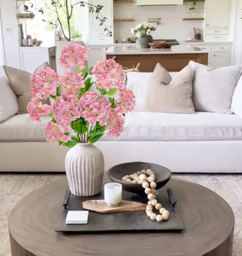 Real Touch Hydrangea Artificial Flowers 19” Tall Artificial Hydrangea Flowers Double-Headed Faux Hydrangeas, Pink Hydrangeas, Realistic Silk Hydrangea for Home Decor Weddings Arrangements-5 Branches - color: Lpink