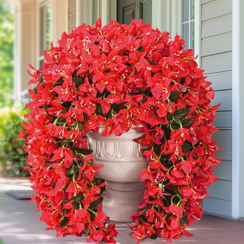 4Pcs Artificial Flowers for Outdoors - Red Realistic Faux Silk Bougainvillea Flowers, Fake Hanging Plants for Porch Patio Balcony Decoration - color: Red, size: 4 Pcs