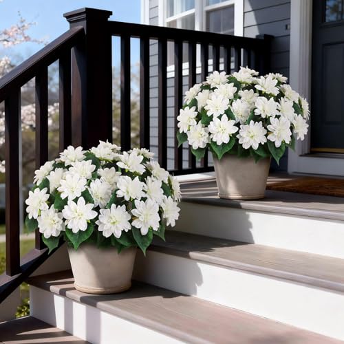 2 Set of Artificial Dahlia Topiary Ball Trees - Fake Silk Dahlia Flower Bushes, UV Resistant Faux Floral Shrub Potted for Front Door Porch Farmhouse Wedding Outdoor Decor (White) - color: White