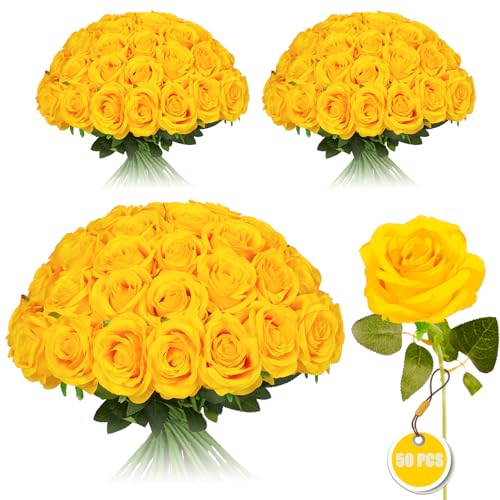 50PCS Artificial Silk Roses in Bulk & Bouquet Long Stem – Realistic Fake Roses for Wedding Centerpieces, Home Decor, Floral Arrangements, Party Decoration (Yellow) - color: Yellow, size: 50 Pcs