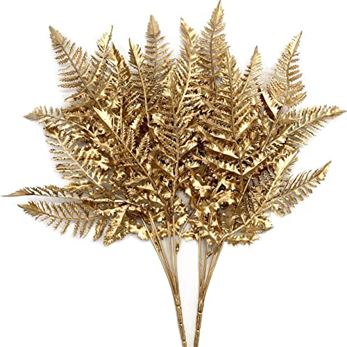 CATTREE Christmas Artificial Plants Decoration, Plastic Golden Shrubs Plant Simulation Boston Leaves Fake Fern Grass for Wedding Party Indoor DIY Home Office Table Centerpieces Decor - Gold 2 Pack - color: Gold Boston Grass -2 Pcs