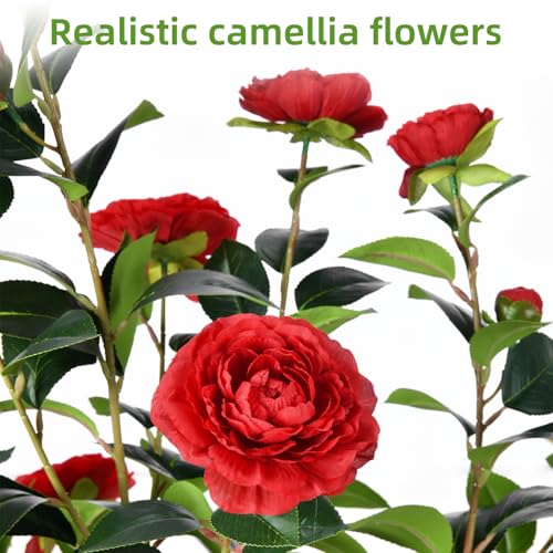 Artificial Camellia Tree 6FT – Faux Plants Indoor, with Easy Assembly, Low Maintenance, Ideal for Both Indoor Decoration and Other Purposes，Perfect Porch Christmas Trees (Red 6ft) - color: Red 6ft