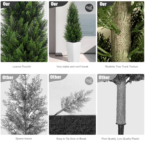5FT Tall Artificial Cedar Topiary Tree with Compact Pyramidal Shape, Realistic Faux Cypress in Square White Pot with Fillable Water Bag, Outdoor Evergreen for Front Porch Garden Home Decor - color: White-pyramid Topiary, size: 5ft-1pack