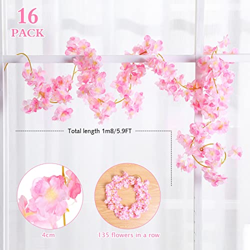 Nuenen 16 Pack 94.4ft Artificial Cherry Blossom Vines Cherry Blossom Flower Garland Hanging Silk Cute Room Decor for Japanese Kawaii Bedroom Party Wedding Spring Home Decorations (Pink) - color: Pink