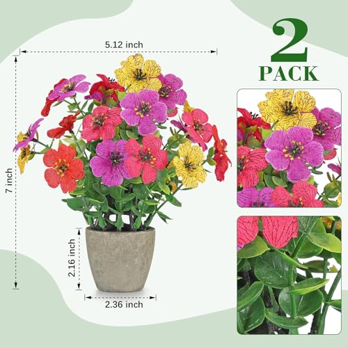2 Pack Small Fake Plants Potted Artificial Plants Artificial Flowers Potted Faux Flower Daisy with Eucalyptus Leaves for Home Decor Office Room Farmhouse Indoor Table Bathroom Decor （colorful） - color: Small-colored