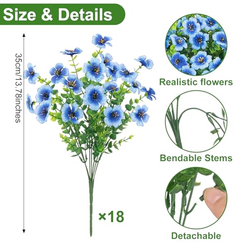 Roberly Artificial Flowers for Outdoors, UV Resistant Silk Faux Flowers Daisy with Eucalyptus Greenery Stems Fake Plastic Plants for Spring Summer Patio Garden Home Decor, 18 Bundles, Blue - color: Blue