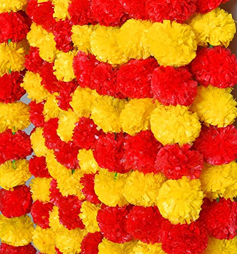 Artificial Marigold Garland for Decoration 5 Pcs of 5 feet Long Strands Artificial Marigold Flowers, Indian Decor for Pooja, Wedding Christmas, Events Decorations (Yellow+Red) - color: Yellow+red
