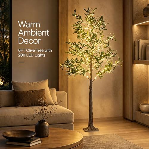 Lightshare Lighted Olive Tree with Fruit 6FT 200L Artificial Plant with Warm White Fairy Lights for Indoor Outdoor Home Party Wedding Decoration