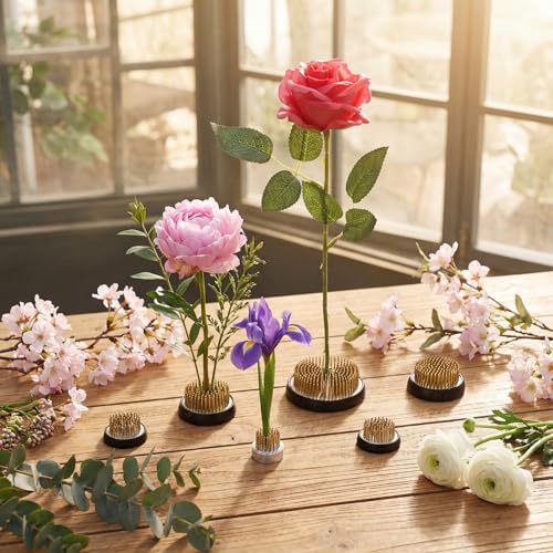 Sliner 6 Pcs Flower Frogs Round 2.8/2/1.3/0.9 Inches Floral Frogs Flower Holder Japanese Ikebana Vase Kenzan Floral Arranger Fixed Tools Arrangement Pin for Home DIY Craft Decoration(Brass) - size: 4 Size