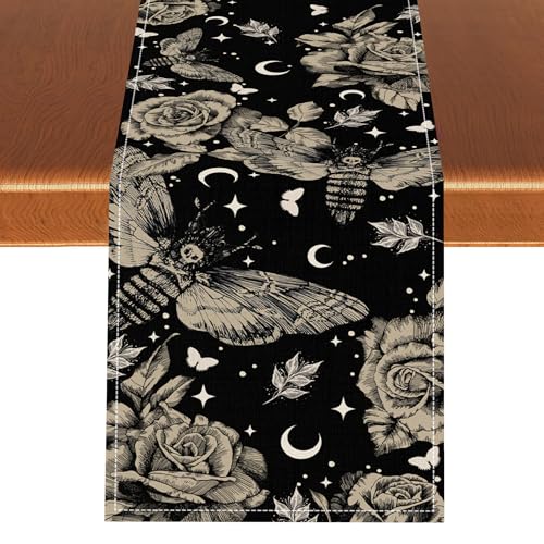 Vintage Gothic Floral Table Runner, Retro Luxury Dark Skull Moth Day of Death Witchy Boho Coffee Table Center Decor for Home Kitchen Dining Patio Holiday Party Table Decorations 13x36 inches - color: Tr-witchy04, size: 13x36" Table Runner