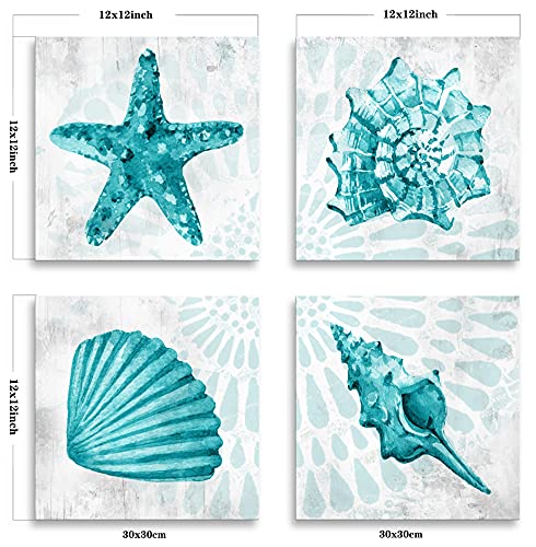 BQVCT Bathroom Wall Decor Teal Watercolor Starfish and Seashell Conch Wall Art Sea Creatures Pictures Ocean Theme Canvas Prints for Bedroom Home Artwork Decor Paintings - color: Teal