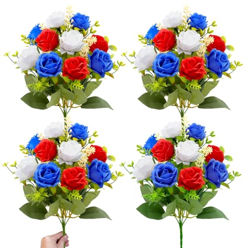 4 Bouquets Artificial Red White and Blue Patriotic Flowers 4th of July Decorations USA 250th Anniversary, Outdoor UV Resistant Realistic Fake Silk Roses Memorial Flowers for Cemetery Veterans Home - color: Red,white,blue