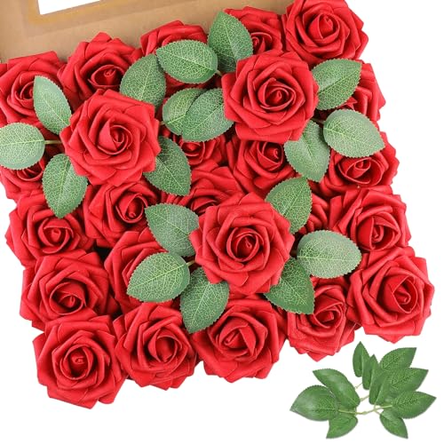 AmyHomie 25pcs Real Looking Artificial Red Roses w/Stem for DIY Wedding Bouquets Centerpieces Arrangements Party Baby Shower Valentines Day Christmas Tree Decorations - color: Red