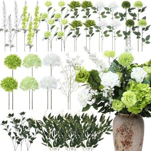 Suncalla 36 Pcs Green Artificial Flowers Bouquet Set 8 Kind Faux Delphinium Rose Peony Chrysanthemum Hydrangea Baby's Breath Florals with Greenery Long Stem for Wedding Table Vase Decor - color: Green