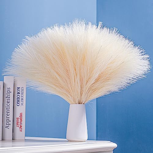 10 Stems Faux Pampas Grass - 17.7" Artificial Pampas Grass Decor Fluffy Small Pampas Grass Flower Arrangement and Vase Filler for Boho Home Wedding Mothers Day Decoration（Beige） - color: Beige