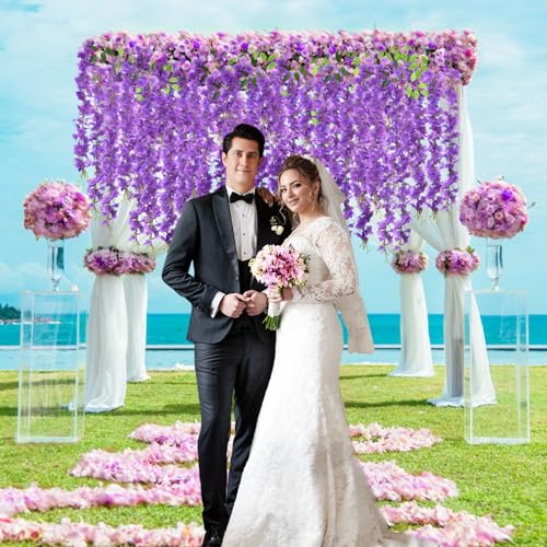 12 PCS Wisteria Hanging Flowers, 3.6ft Fake Vines Artificial Wisteria Garland Silk Flower String for Wedding Arch Garden Party Home Ceiling Wall Backdrop Tent Decoration (Light Purple) - color: Light Purple, size: 12 Pack
