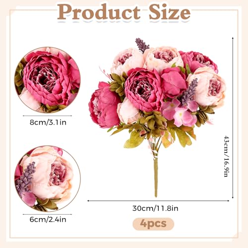 Olgaa 4 Bunches Peonies Artificial Flowers Faux Flowers Bouquet Silk Peony Hydrangea for Vase Wedding Centerpiece Bridal Shower Garden Party Home Decor (Dark Pink) - color: Dark Pink