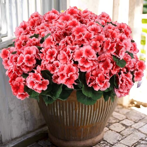 Hananona 12 Pcs Artificial Geranium Flowers for Outdoors Geranium Silk Flowers Outdoor UV Resistant Garden Plants Faux Flowers for Home Kitchen Table Centerpieces Decor (12, Peach) - color: Peach