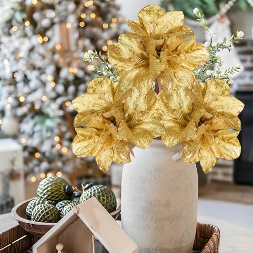 Briful Amaryllis Artificial Christmas Flower Stems, 19.7" Gold Glitter Faux Amaryllis with Detachable Heads for Xmas Home Party Wedding Bouquet Vase Arrangement Decor - color: Gold