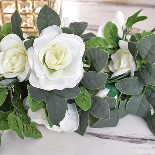 Flower Garland Rose Vine 4Pcs 28FT Artificial Floral Garland with Green Leaves Hanging Rose Vine for Wedding Party Garden Home Wall Decor (White) - color: White
