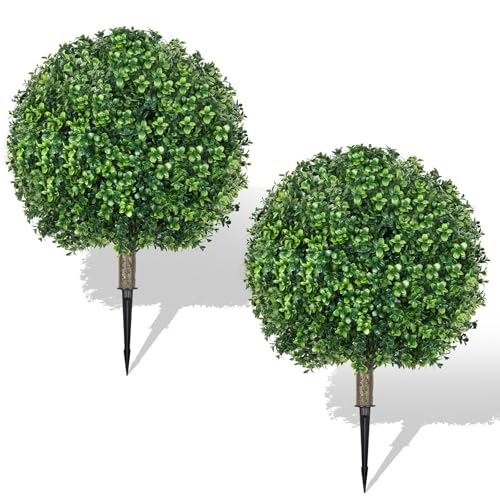 25.6" Artificial Boxwood Topiary Ball Trees: 2 Pack Artificial Shrubs with Spike – UV Resistant Fake Bushes, Evergreen Artificial Plants for Outdoor Indoor Front Porch Garden Yard - color: Boxwood