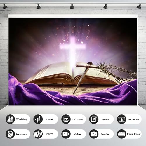 Holy Bible Cross Backdrop Purple Holy Light Glowing Crucifix Crown of Thorns Photography Background God Belief Jesus Christ Biblical Backdrop Christian Church Sanctuary Easter Background 5x3ft - color: Purple, size: 5x3ft