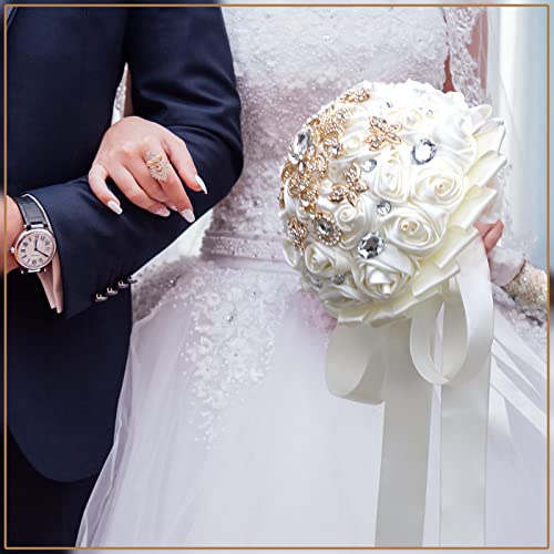 Handmade Brooch Wedding Flowers Bridal Bouquets Crystal Bride Holding Bouquet White Ivory Satin Roses with Diamond Pearl Ribbon (Luxury-Glod) - color: Gold