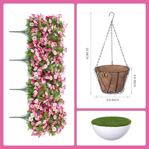 INXUGAO Artificial Flowers with Hanging Basket, Outdoor Faux Plants Silk Morning Glory Vines, Fake Green Arrangement for Garden Patio Spring Summer Decor (4pcs, Pink) - color: Pink