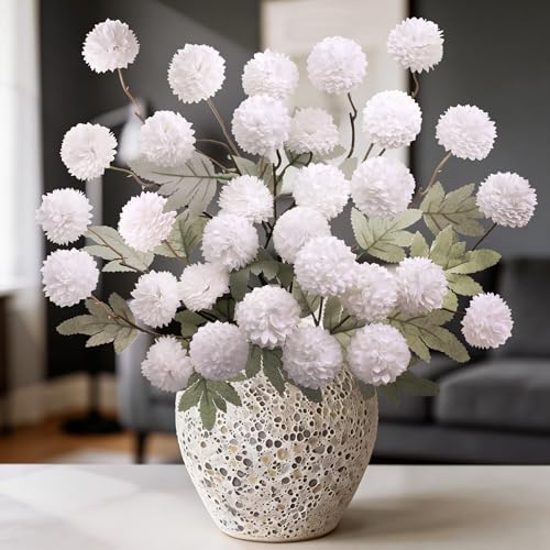 INQCMY Artificial Flowers 12 Pcs Fake Chrysanthemums White Faux Kiku Flower Long Stem 20" Realistic Silk Pompon Mums for Vase Wedding Bouquets Centerpieces Home Decor - color: White