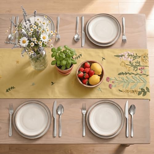 Artoid Mode Light Camel Soft Chain Embroidery Wild Floral Spring Table Runner, Seasonal Summer Kitchen Dining Table Decoration for Home Party Decor 13x72 Inch - color: Light Camel, size: 13" x 72", Table Runner