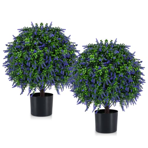 Goplus 22’’ Artificial Lavender Topiary Ball Tree, Set of 2 Faux Potted Plants Artificial Shrubs Bushes with Flowers, Fake Evergreen Artificial Topiary for Indoor Outdoor Home Front Porch Decor - color: Lavender