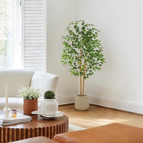 Bellacat 5ft Ficus Tree Artificial with Double Real Wood Trunks, 60in Faux Ficus Tree with Lifelike Leaves, Fake Ficus Tree for Living Room Bedroom Office Decor - color: Green With Double Trunks, size: 5ft