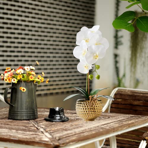 Orchids Artificial Flowers, 15" Faux Orchid in Gold Flower Pot Real Touch Flowers in Pot Large Flower Arrangements Artificial Centerpiece for Home Living Room Bathroom Kitchen Decoration (White) - color: White