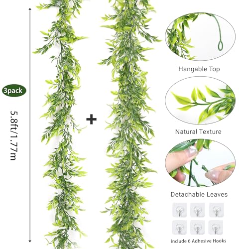 RECUTMS 3Pcs Artificial Italian Ruscus Greenery Garland 5.8ft Bamboo Leaves | Green Vine, Hanging Ivy Plant, Fake Willow Leaf, For Room Door Wall Table, Wedding Arch Birthday Party Decor, Indoor Outdoor - color: Willow Vine Green