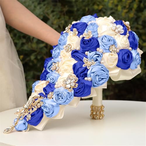 Handmade Satin Rose Water Drop Bridal Bouquet,8.7inch Crystal Wedding Round Tossing Bouquet,Jewelry Proposal Bridesmaid Bouquet Groom Corsage Bride Wrist Flower ivory (07#Ivory Sapphire LightBlue) - color: 07#ivory Sapphire Lightblue