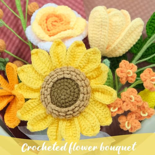 Crochet Flowers Bouquet, Luxurious Handmade Knitted Sunflower Bouquet, Artificial Flower Bouquet for Her, Wife,Lover,Girlfriend,Mother, Anniversary,Graduation,Birthday (with Gift Bag&Card) - color: Yellow, size: X-Large