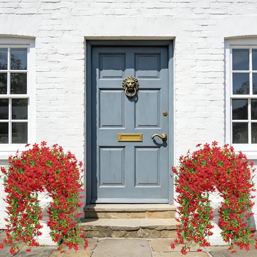 Roberly 4 Pcs Artificial Hanging Flowers for Outdoors, Realistic Faux Silk Flowers UV Resistant Fake Greenery Plants for Spring Summer Garden Porch Indoor Outdoor Home Decor, Red - color: Red
