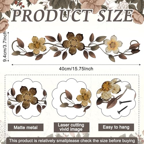 Wesiti Metal Flower Wall Decor Vintage Metal Flower Wrought Iron Scroll Sculpture 15.7''x3.7'' Not 3D, Flat Farmhouse Leaf Wall Decor with Nails for Summer Bedroom Kitchen Indoor Outdoor(Brown) - color: Brown