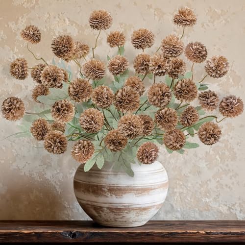 INQCMY Artificial Flowers 12 Pcs Fake Chrysanthemums Faux Kiku Flower Long Stem 20" Realistic Silk Pompon Mums for Vase Wedding Bouquets Centerpieces Home Decor (Coffee) - color: Coffee