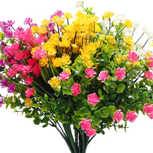 WILLBOND 12 Bundles Artificial Flowers Outdoor, UV Resistant Faux Artificial Plants Shrubs Plastic Flower Bulk for Hanging Planter Porch Window Home Spring Summer Decor(Cute Color) - color: Cute Color