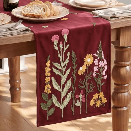 Artoid Mode Red Soft Chain Embroidery Wild Floral Christmas Table Runner, Seasonal Spring Kitchen Dining Table Decoration for Home Party Decor 13x72 Inch - color: Red, size: 13" x 72", Table Runner