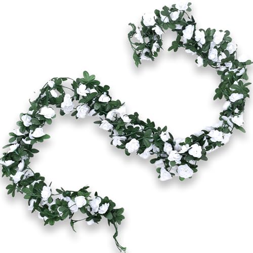 4Pcs Artificial Rose Vines Faux Flowers Garland with Green Leaves Fake Hanging Floral Plants for Home Bedroom Garden Decor,Christmas Anniversary Wedding Birthday Party Decoration (White) - color: White, size: 4Pcs-small rose