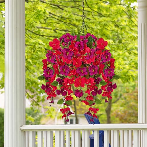 Artificial Fake Hanging Flowers Plants for Outdoor, Faux Silk Hibiscus Long Trailing Vines Realistic UV Resistant for Home Outside Front Porch Planter Patio Yard Decor (Red+Purple Red) - color: Red+purple Red