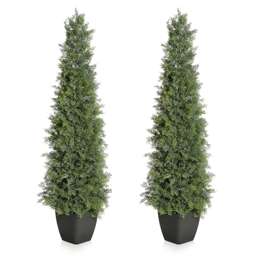 GarveeHome Artificial Cedar Topiary Tree for Christmas Outdoor, 48 in Tall Faux Cedar Trees, Potted Fake Cypress Plant, Artificial Plants Indoor Outdoor for Front Porch Decor, Set of 2 - size: 4ft