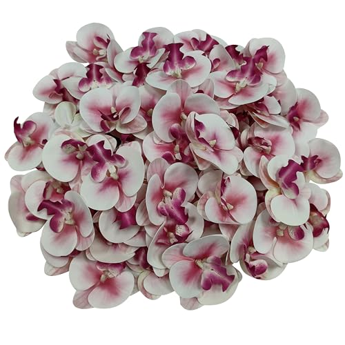 Fake White and Pink Core Orchids Artificial Flowers Heads, 3.5''Fake Orchid Heads for Wedding Floral Bouquet Decor DIY Craft Making Bridal Shower Photography Props (80, White+Pink core) - color: White+pink Core