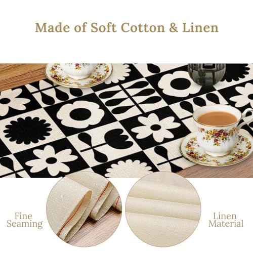Retro Groovy Flowers Table Runner Vintage Geometric Checkered Mid Century Black Floral Dinner Runner for Country Farmhouse Kitchen Birthday Party Holiday 36X13inch - color: Checkered-10, size: L36"x W13"