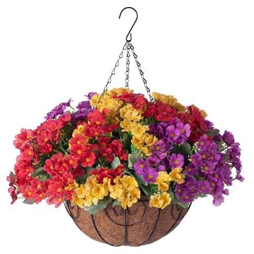 Artificial Fake Hanging Plants Flowers Basket for Spring Outdoor Decoration, Faux Silk Daisy UV Resistant Look Real with Eucalyptus Leaves Summer Decor for Home Patio Garden Outside(Red Purple Yellow) - color: Red Purple Yellow